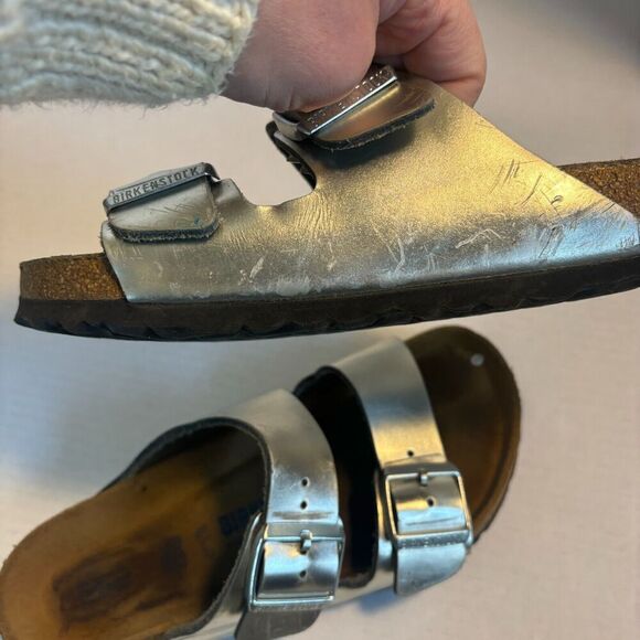 Birkenstock Arizona Silver Sandals Slide EU 38 US Women’s Size 7 EUC - Picture 6 of 6